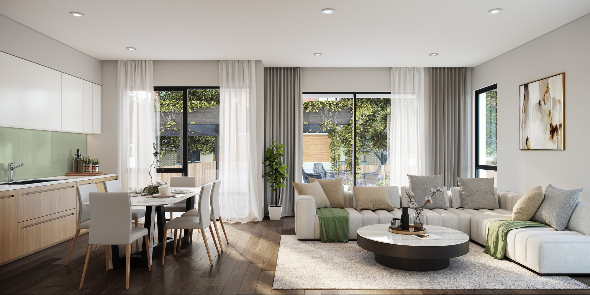 Design of a modern living room, open kitchen and dining area